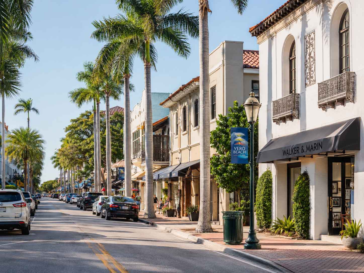 Palm-lined shopping street in downtown Vero Beach, Florida